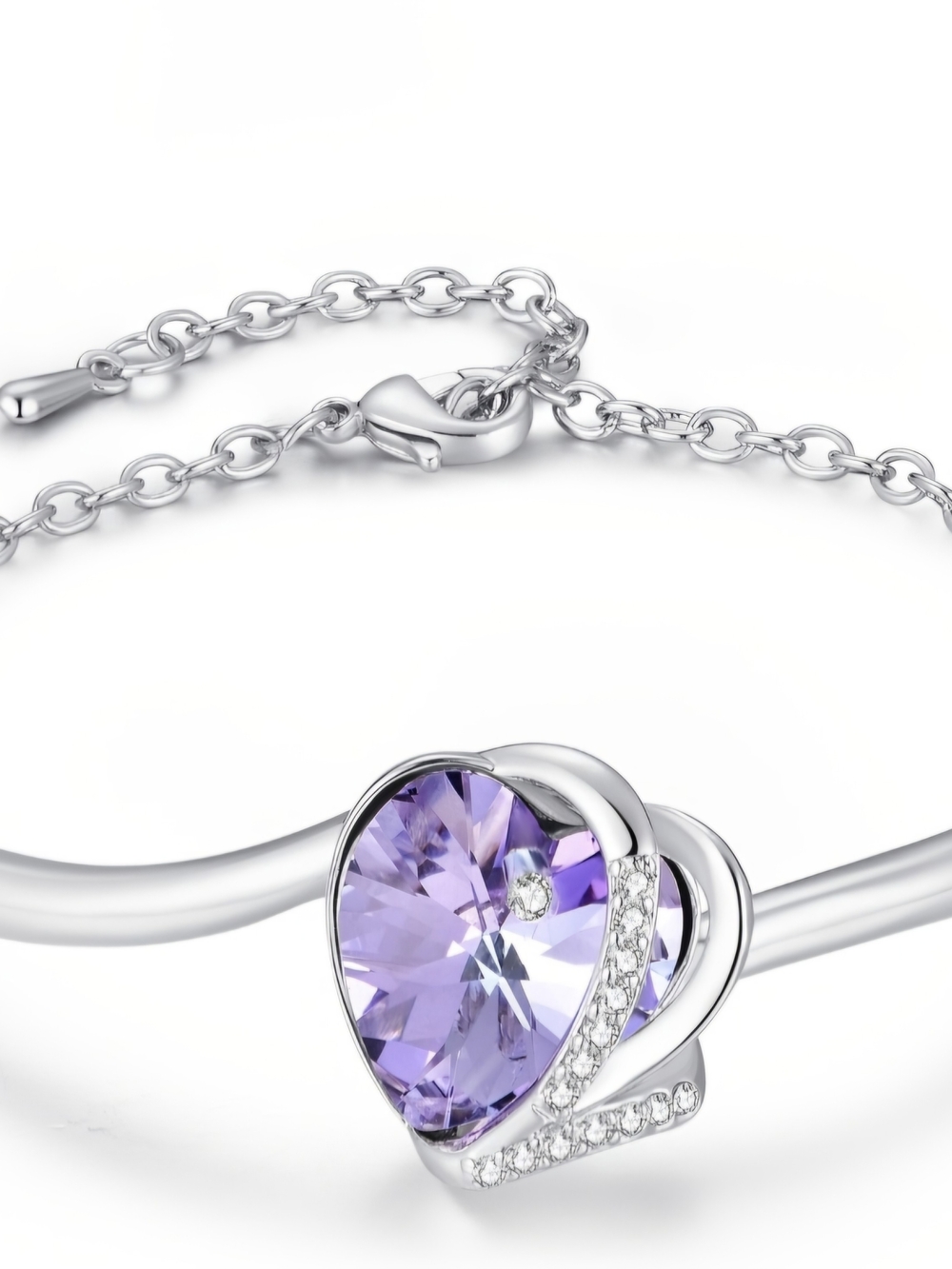 Silver Heart Bracelet with Purple Crystal Womens Purple Love Heart Bracelet